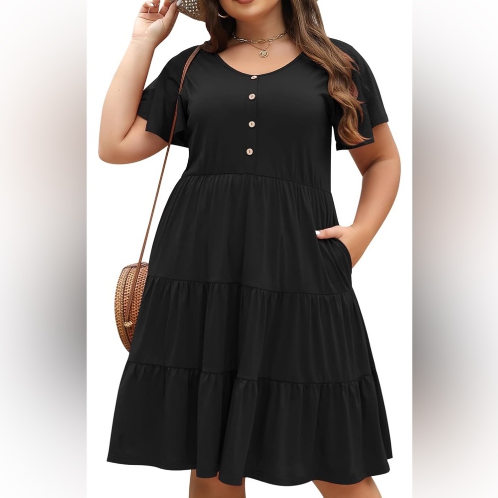 Womens Loose Plus Size Short Sleeve Button Tiered Swing Dress with Pocket